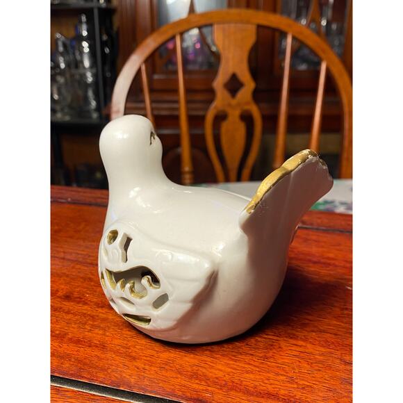 VTG White Ceramic Dove Bird with gold accents Reticulated side openings GUC - Picture 9 of 15